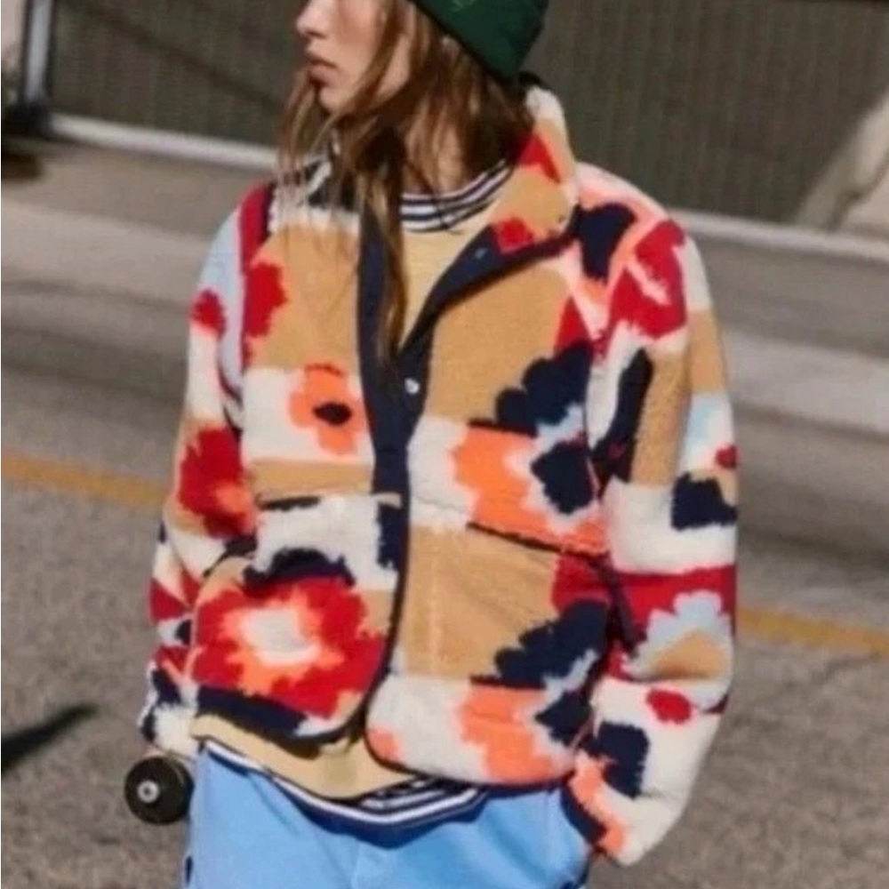 Free People Hit The Slopes Fleece Jacket Coral Carpet Retro - medium